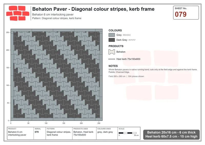 Interlock (Pasco) 20x16 cm · BEH-079 · Diagonal colour stripes, kerb frame · Laying plan