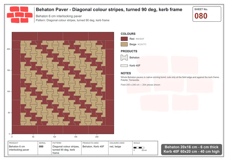 Interlock (Pasco) 20x16 cm · BEH-080 · Diagonal colour stripes, turned 90 deg, kerb frame · Laying plan