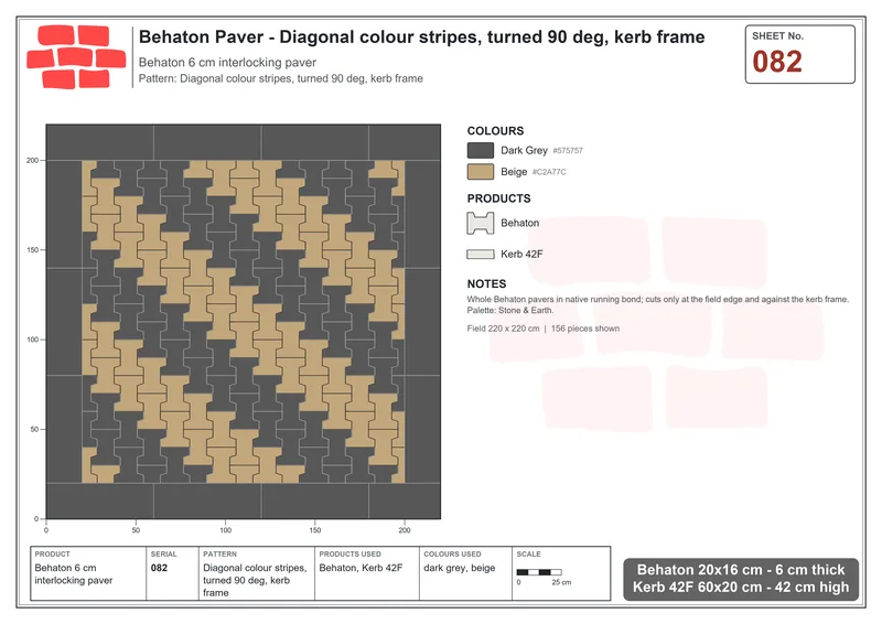 Interlock (Pasco) 20x16 cm · BEH-082 · Diagonal colour stripes, turned 90 deg, kerb frame · Laying plan