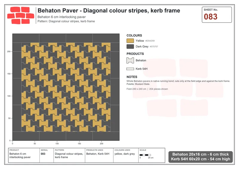 Interlock (Pasco) 20x16 cm · BEH-083 · Diagonal colour stripes, kerb frame · Laying plan