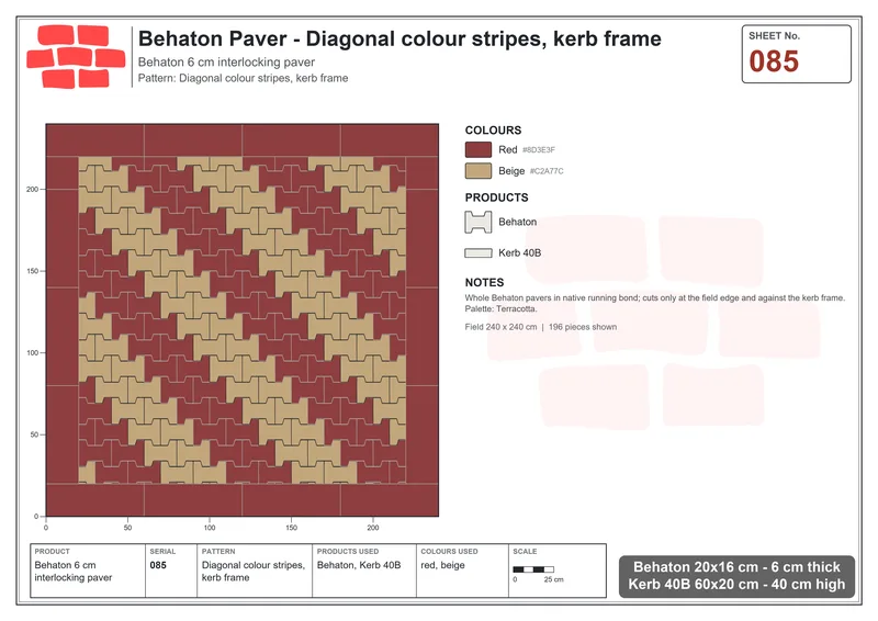 Interlock (Pasco) 20x16 cm · BEH-085 · Diagonal colour stripes, kerb frame · Laying plan