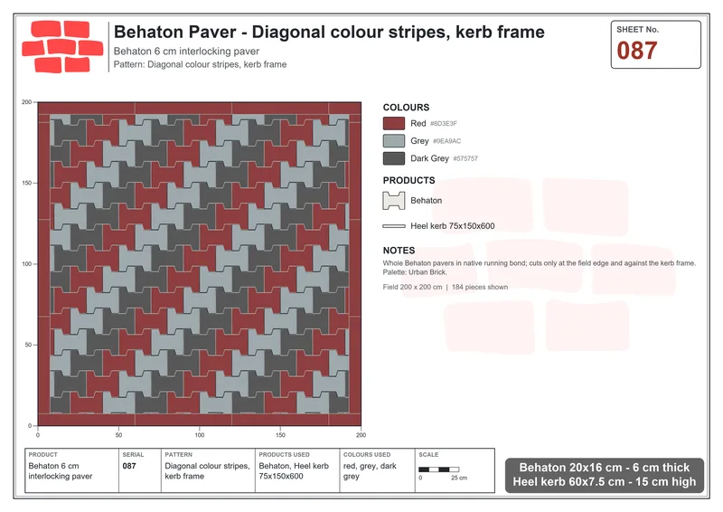 Interlock (Pasco) 20x16 cm · BEH-087 · Diagonal colour stripes, kerb frame · Laying plan