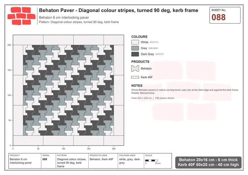 Interlock (Pasco) 20x16 cm · BEH-088 · Diagonal colour stripes, turned 90 deg, kerb frame · Laying plan