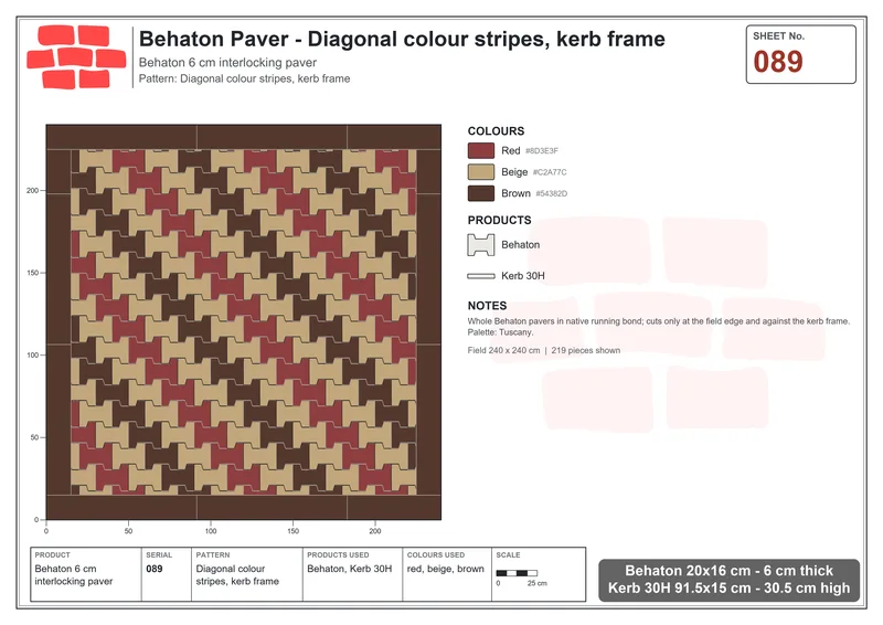 Interlock (Pasco) 20x16 cm · BEH-089 · Diagonal colour stripes, kerb frame · Laying plan