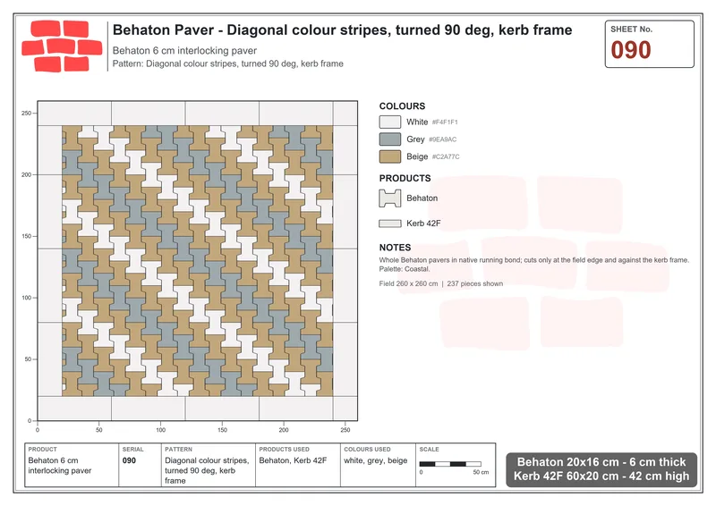 Interlock (Pasco) 20x16 cm · BEH-090 · Diagonal colour stripes, turned 90 deg, kerb frame · Laying plan