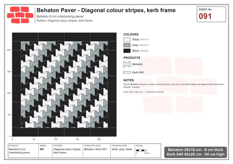Interlock (Pasco) 20x16 cm · BEH-091 · Diagonal colour stripes, kerb frame · Laying plan