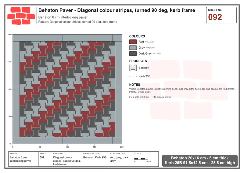 Interlock (Pasco) 20x16 cm · BEH-092 · Diagonal colour stripes, turned 90 deg, kerb frame · Laying plan
