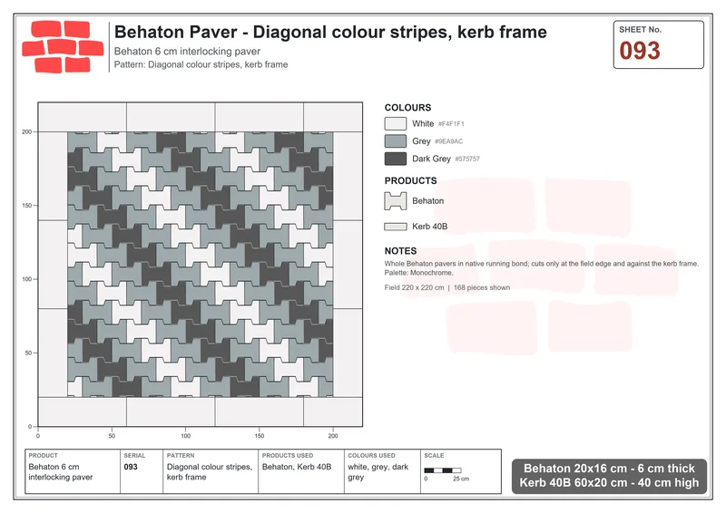 Interlock (Pasco) 20x16 cm · BEH-093 · Diagonal colour stripes, kerb frame · Laying plan