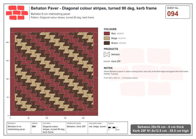 Interlock (Pasco) 20x16 cm · BEH-094 · Diagonal colour stripes, turned 90 deg, kerb frame · Laying plan