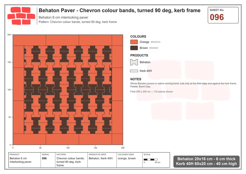 Interlock (Pasco) 20x16 cm · BEH-096 · Chevron colour bands, turned 90 deg, kerb frame · Laying plan