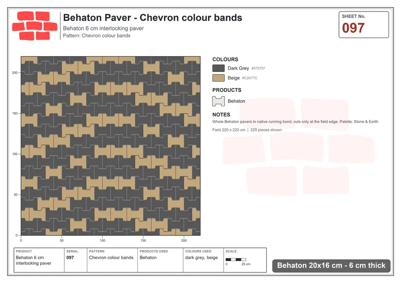 Interlock (Pasco) 20x16 cm · BEH-097 · Chevron colour bands · Laying plan