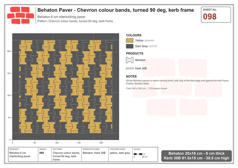 Interlock (Pasco) 20x16 cm · BEH-098 · Chevron colour bands, turned 90 deg, kerb frame · Laying plan