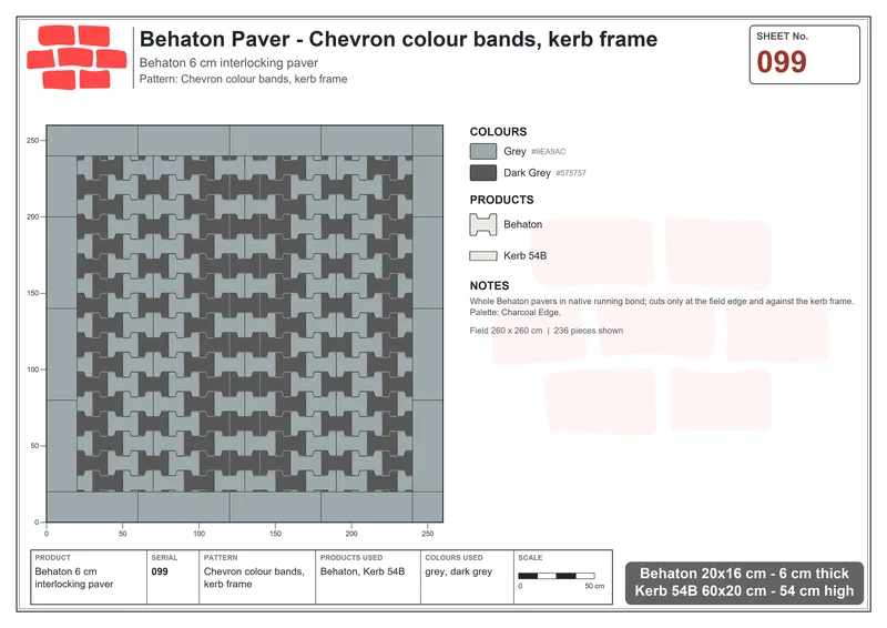 Interlock (Pasco) 20x16 cm · BEH-099 · Chevron colour bands, kerb frame · Laying plan