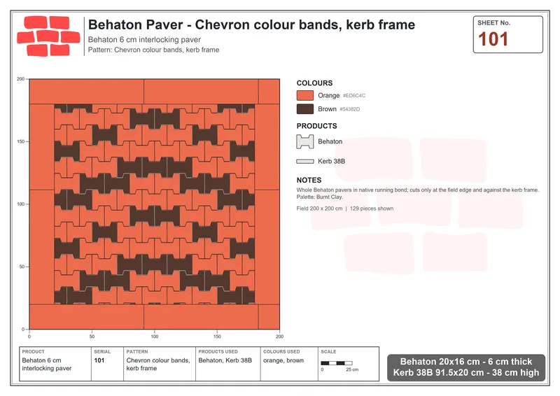 Interlock (Pasco) 20x16 cm · BEH-101 · Chevron colour bands, kerb frame · Laying plan