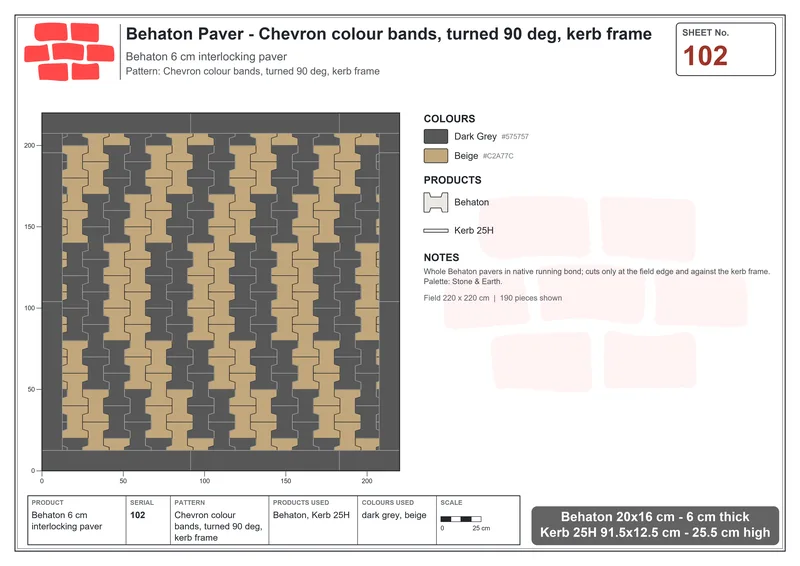 Interlock (Pasco) 20x16 cm · BEH-102 · Chevron colour bands, turned 90 deg, kerb frame · Laying plan