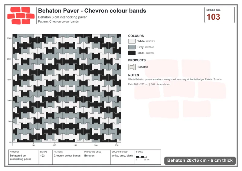 Interlock (Pasco) 20x16 cm · BEH-103 · Chevron colour bands · Laying plan