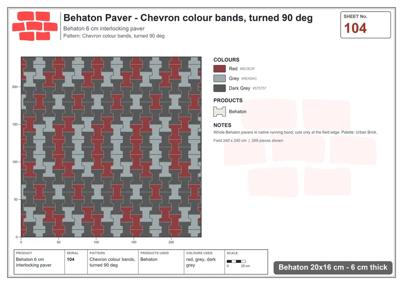 Interlock (Pasco) 20x16 cm · BEH-104 · Chevron colour bands, turned 90 deg · Laying plan