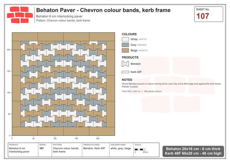 Interlock (Pasco) 20x16 cm · BEH-107 · Chevron colour bands, kerb frame · Laying plan