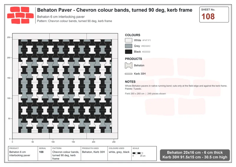 Interlock (Pasco) 20x16 cm · BEH-108 · Chevron colour bands, turned 90 deg, kerb frame · Laying plan
