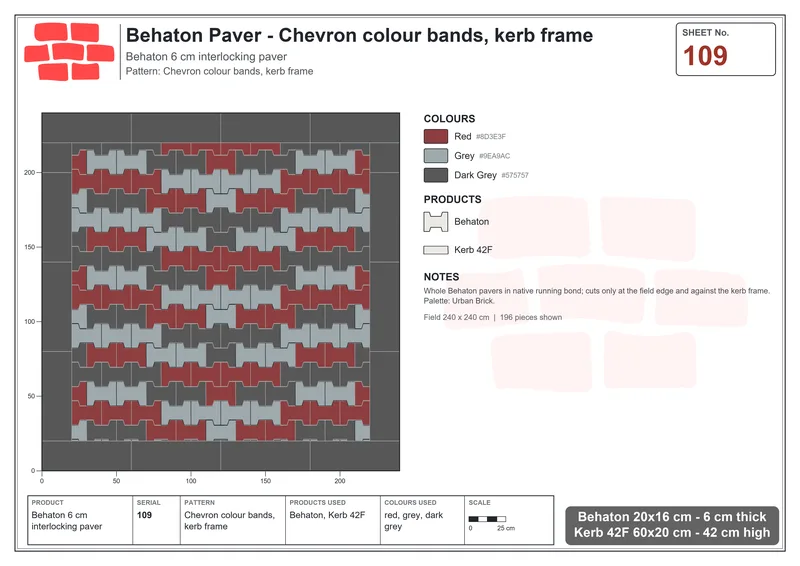 Interlock (Pasco) 20x16 cm · BEH-109 · Chevron colour bands, kerb frame · Laying plan
