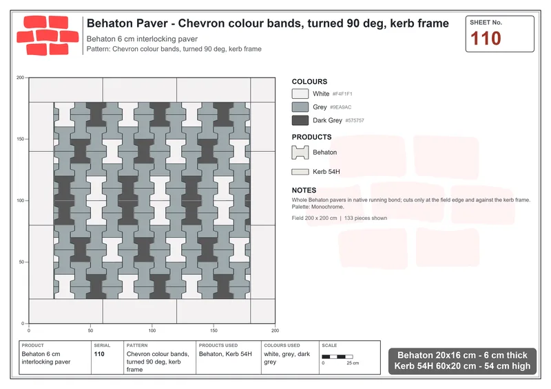 Interlock (Pasco) 20x16 cm · BEH-110 · Chevron colour bands, turned 90 deg, kerb frame · Laying plan