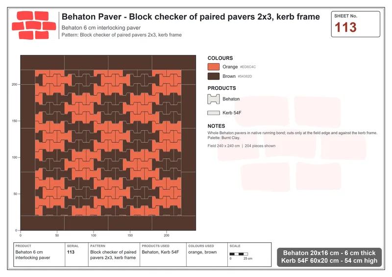 Interlock (Pasco) 20x16 cm · BEH-113 · Block checker of paired pavers 2x3, kerb frame · Laying plan