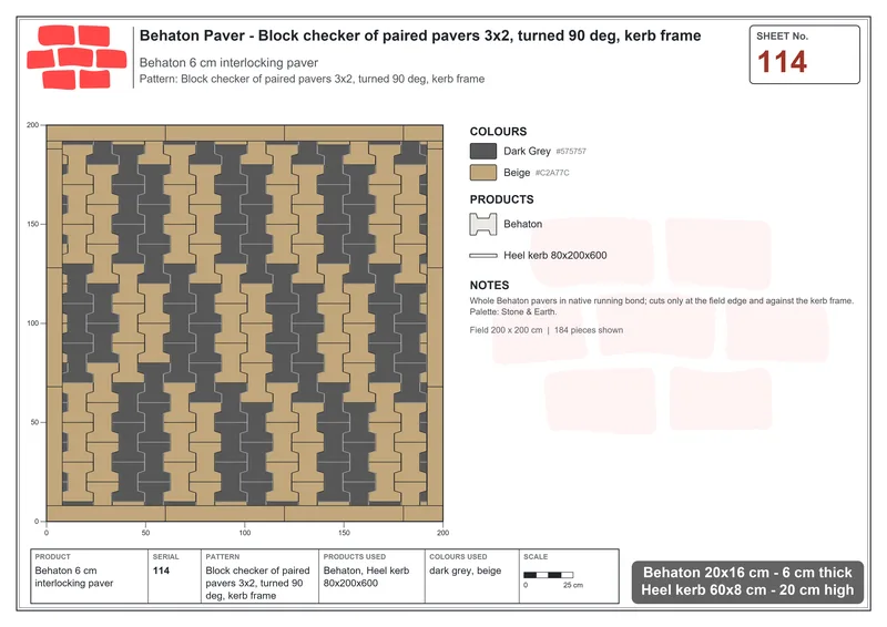 Interlock (Pasco) 20x16 cm · BEH-114 · Block checker of paired pavers 3x2, turned 90 deg, kerb frame · Laying plan