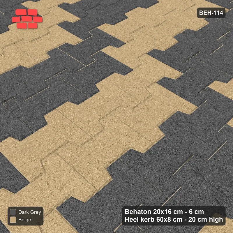 Interlock (Pasco) 20x16 cm · BEH-114 · Block checker of paired pavers 3x2, turned 90 deg, kerb frame · Side view Interlock (Pasco) 20x16 cm · BEH-114 · Block checker of paired pavers 3x2, turned 90 deg, kerb frame · Side view