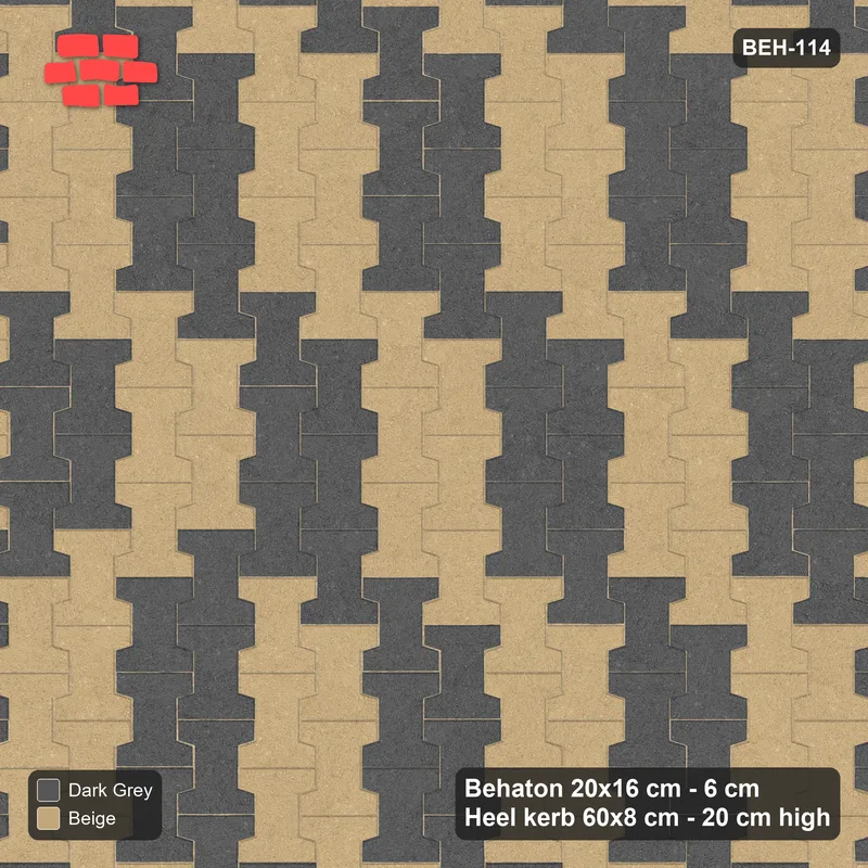 Interlock (Pasco) 20x16 cm · BEH-114 · Block checker of paired pavers 3x2, turned 90 deg, kerb frame · Top view Interlock (Pasco) 20x16 cm · BEH-114 · Block checker of paired pavers 3x2, turned 90 deg, kerb frame · Top view