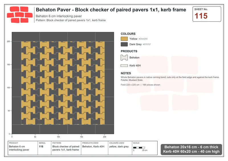 Interlock (Pasco) 20x16 cm · BEH-115 · Block checker of paired pavers 1x1, kerb frame · Laying plan
