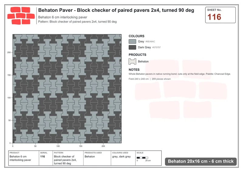 Interlock (Pasco) 20x16 cm · BEH-116 · Block checker of paired pavers 2x4, turned 90 deg · Laying plan