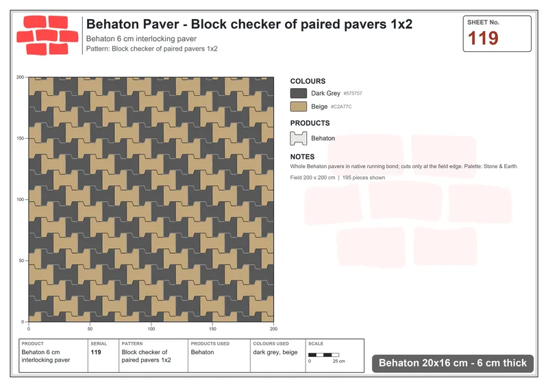 Interlock (Pasco) 20x16 cm · BEH-119 · Block checker of paired pavers 1x2 · Laying plan