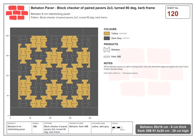 Interlock (Pasco) 20x16 cm · BEH-120 · Block checker of paired pavers 2x3, turned 90 deg, kerb frame · Laying plan