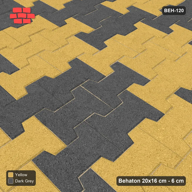 Interlock (Pasco) 20x16 cm · BEH-120 · Block checker of paired pavers 2x3, turned 90 deg, kerb frame · Side view Interlock (Pasco) 20x16 cm · BEH-120 · Block checker of paired pavers 2x3, turned 90 deg, kerb frame · Side view
