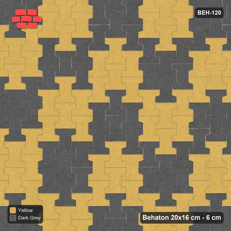 Interlock (Pasco) 20x16 cm · BEH-120 · Block checker of paired pavers 2x3, turned 90 deg, kerb frame · Top view Interlock (Pasco) 20x16 cm · BEH-120 · Block checker of paired pavers 2x3, turned 90 deg, kerb frame · Top view