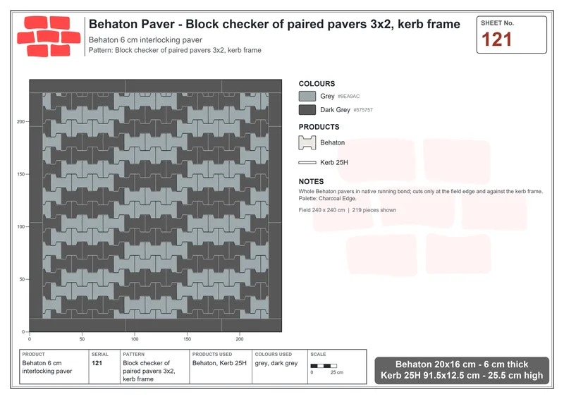 Interlock (Pasco) 20x16 cm · BEH-121 · Block checker of paired pavers 3x2, kerb frame · Laying plan