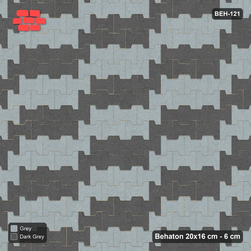 Interlock (Pasco) 20x16 cm · BEH-121 · Block checker of paired pavers 3x2, kerb frame · Top view Interlock (Pasco) 20x16 cm · BEH-121 · Block checker of paired pavers 3x2, kerb frame · Top view