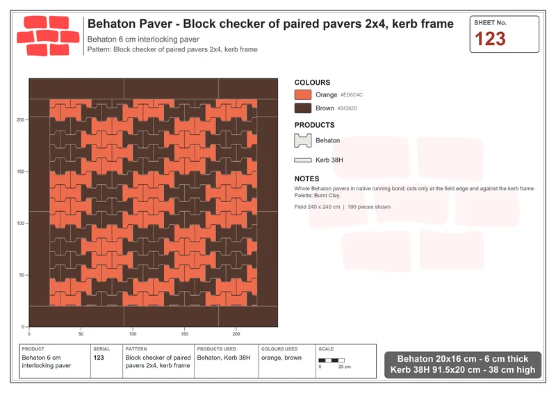 Interlock (Pasco) 20x16 cm · BEH-123 · Block checker of paired pavers 2x4, kerb frame · Laying plan