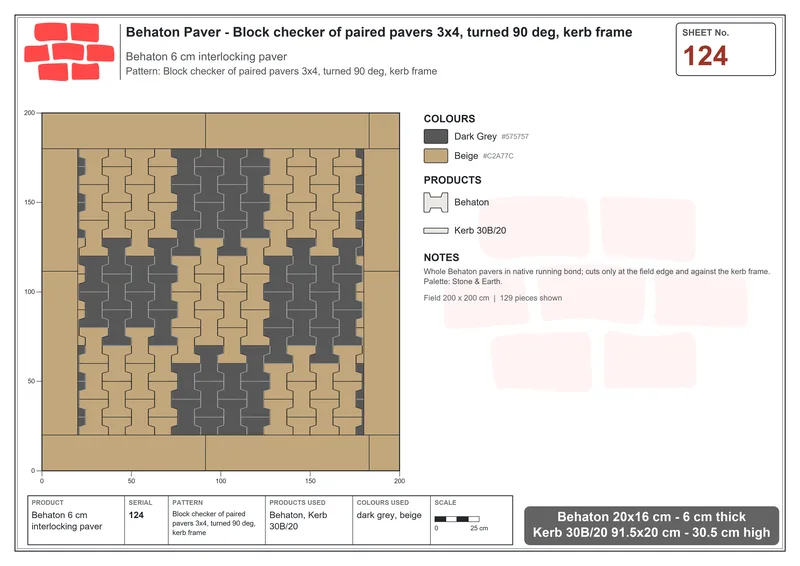Interlock (Pasco) 20x16 cm · BEH-124 · Block checker of paired pavers 3x4, turned 90 deg, kerb frame · Laying plan