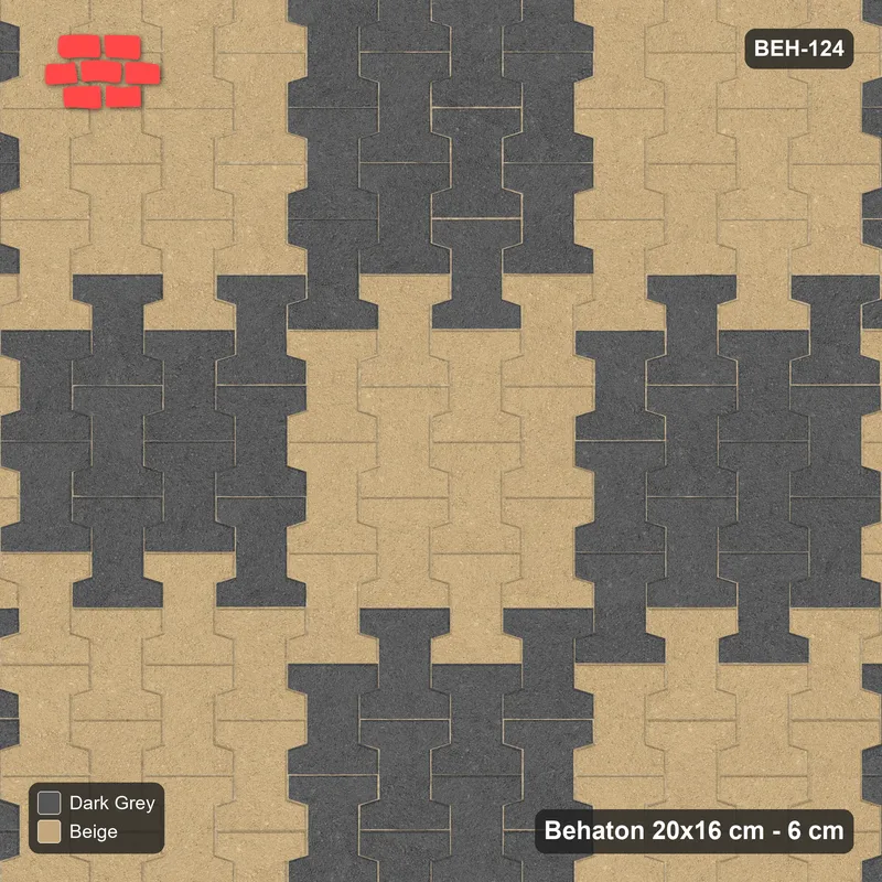 Interlock (Pasco) 20x16 cm · BEH-124 · Block checker of paired pavers 3x4, turned 90 deg, kerb frame · Top view Interlock (Pasco) 20x16 cm · BEH-124 · Block checker of paired pavers 3x4, turned 90 deg, kerb frame · Top view