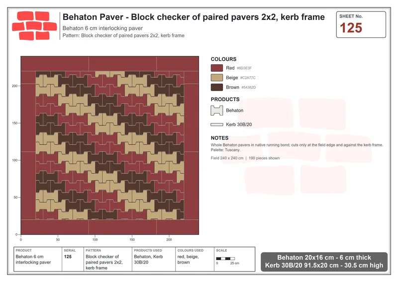 Interlock (Pasco) 20x16 cm · BEH-125 · Block checker of paired pavers 2x2, kerb frame · Laying plan