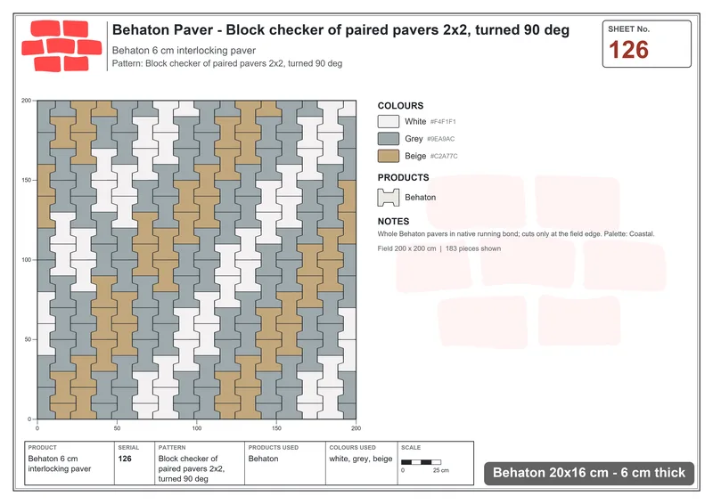 Interlock (Pasco) 20x16 cm · BEH-126 · Block checker of paired pavers 2x2, turned 90 deg · Laying plan