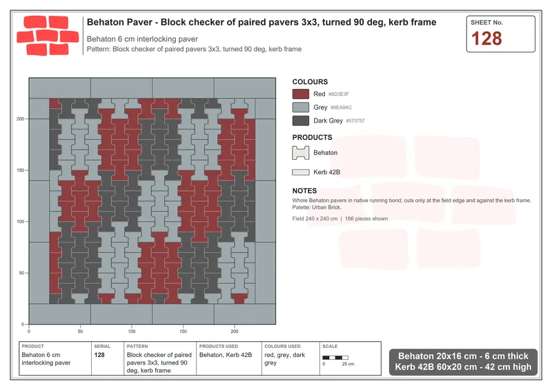 Interlock (Pasco) 20x16 cm · BEH-128 · Block checker of paired pavers 3x3, turned 90 deg, kerb frame · Laying plan