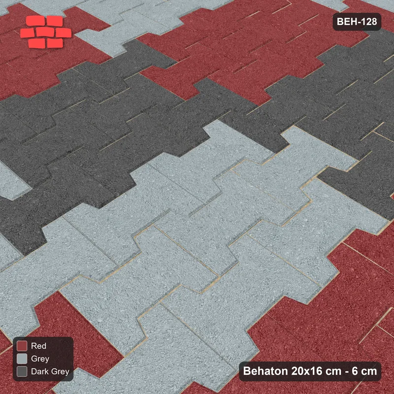 Interlock (Pasco) 20x16 cm · BEH-128 · Block checker of paired pavers 3x3, turned 90 deg, kerb frame · Side view Interlock (Pasco) 20x16 cm · BEH-128 · Block checker of paired pavers 3x3, turned 90 deg, kerb frame · Side view