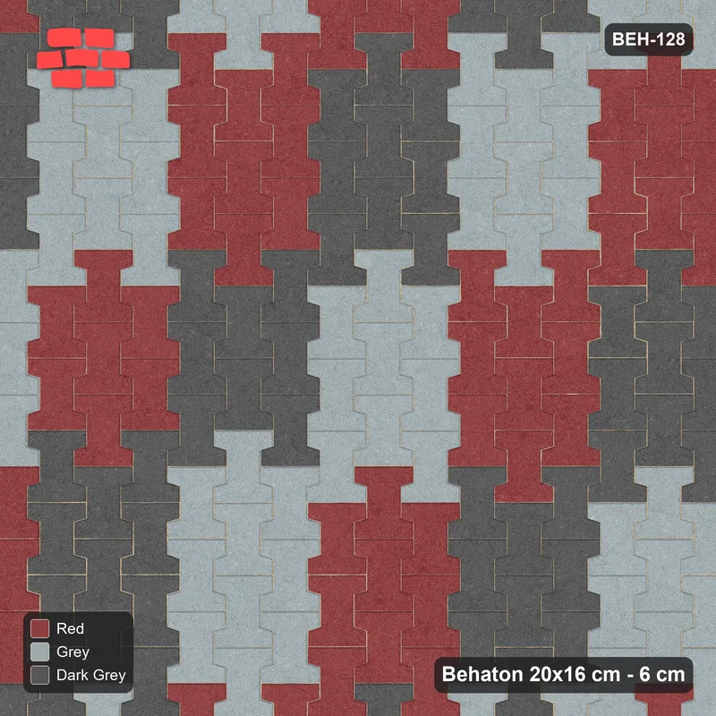 Interlock (Pasco) 20x16 cm · BEH-128 · Block checker of paired pavers 3x3, turned 90 deg, kerb frame · Top view Interlock (Pasco) 20x16 cm · BEH-128 · Block checker of paired pavers 3x3, turned 90 deg, kerb frame · Top view