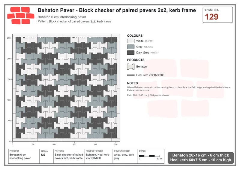 Interlock (Pasco) 20x16 cm · BEH-129 · Block checker of paired pavers 2x2, kerb frame · Laying plan