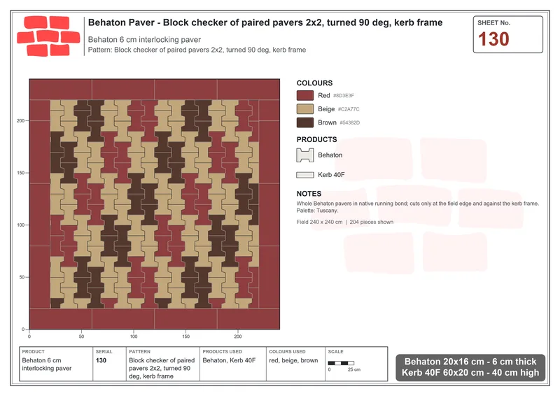 Interlock (Pasco) 20x16 cm · BEH-130 · Block checker of paired pavers 2x2, turned 90 deg, kerb frame · Laying plan