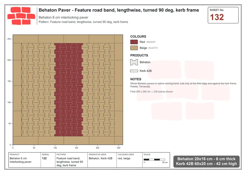 Interlock (Pasco) 20x16 cm · BEH-132 · Feature road band, lengthwise, turned 90 deg, kerb frame · Laying plan