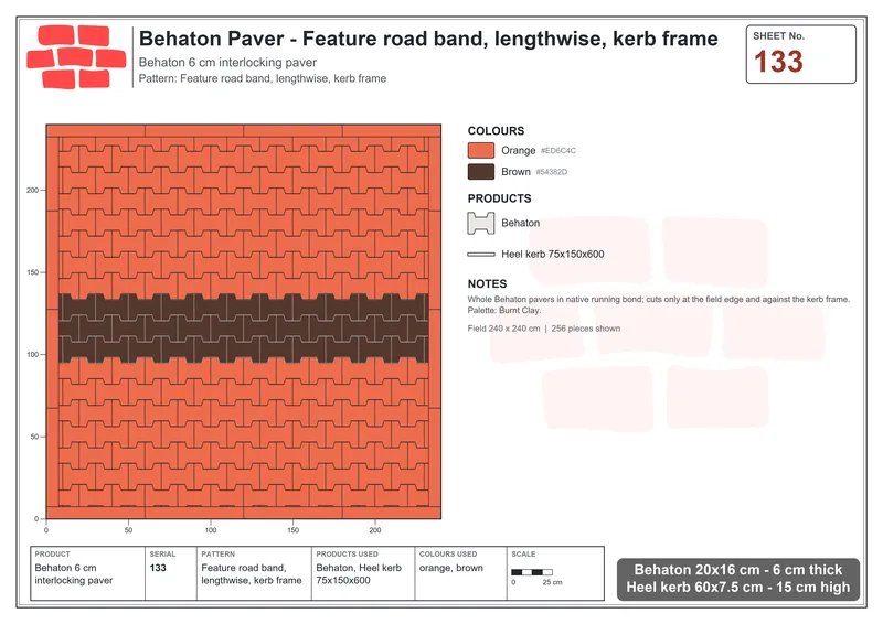 Interlock (Pasco) 20x16 cm · BEH-133 · Feature road band, lengthwise, kerb frame · Laying plan