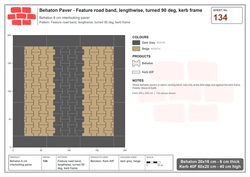 Interlock (Pasco) 20x16 cm · BEH-134 · Feature road band, lengthwise, turned 90 deg, kerb frame · Laying plan